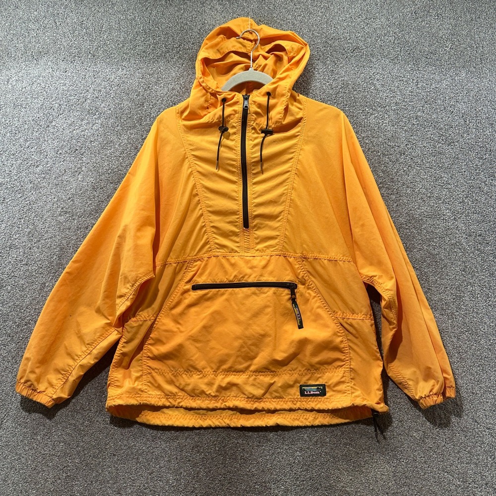 Vintage LL Bean Womens Medium Orange Anorak Windbreaker Half Zip Hooded